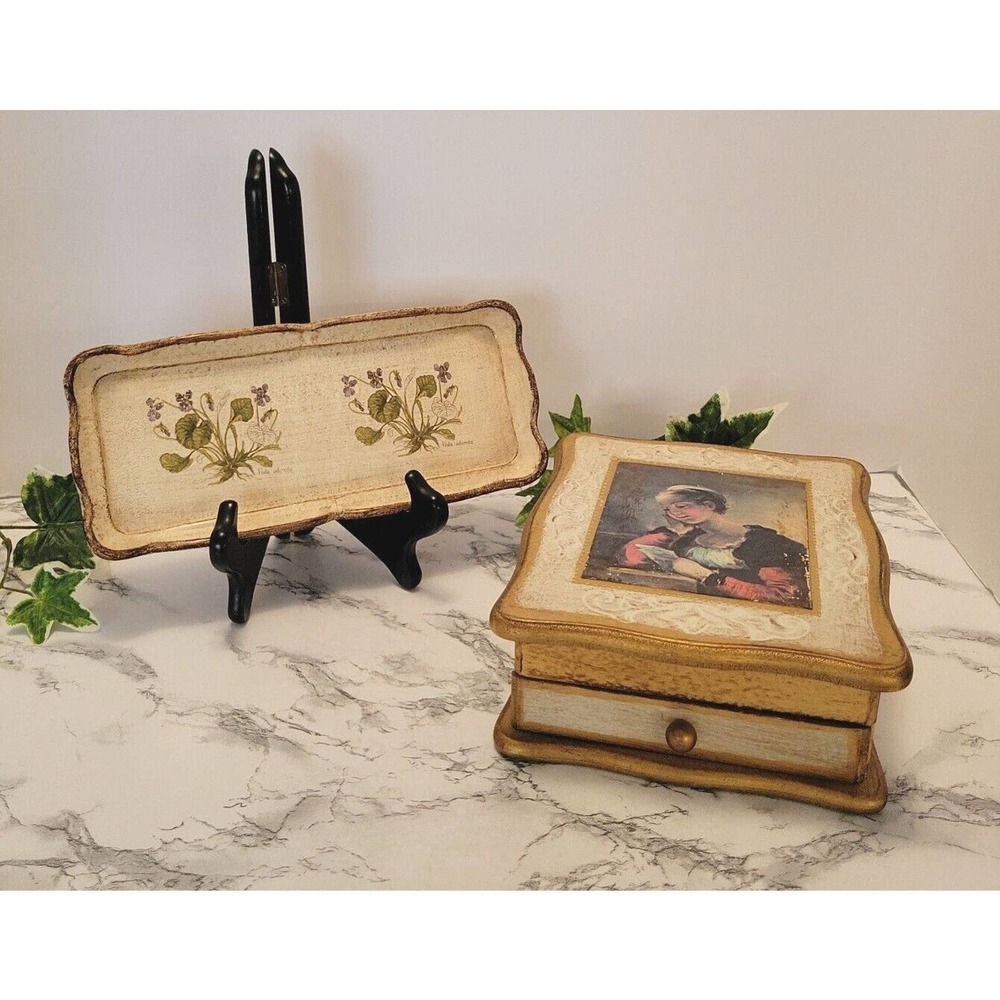 Vintage Florentine Gold Mele Jewelry Music Box & Valet Tray Plays Somewhere My